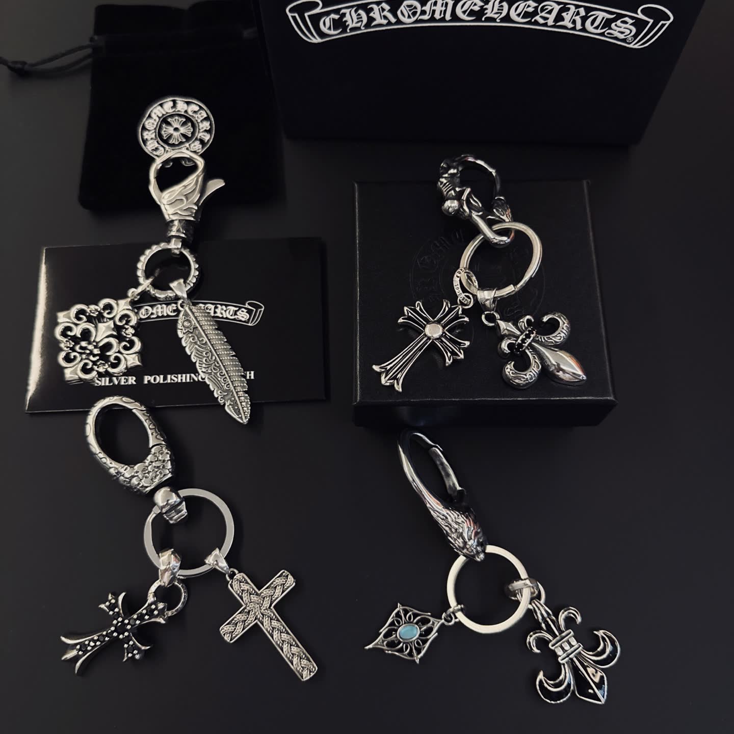 Chrome Hearts Silver Keychain with Cross and Fleur-de-lis Charms